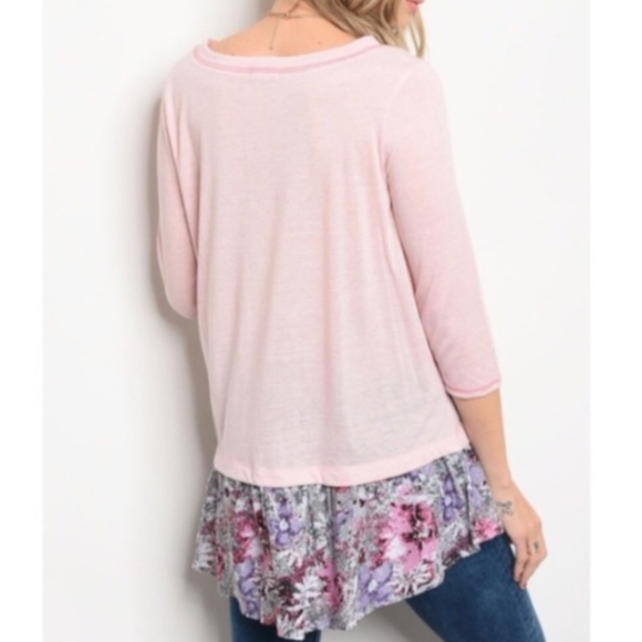 Oddy Pink Slub Knot Top with Floral Ruffle Hem - Picture 2 of 6